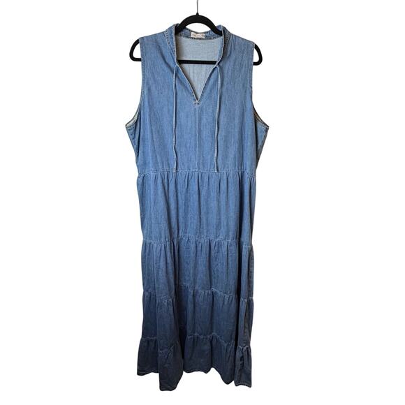 roseLILY Chambray Tiered Maxi Dress 2XL Sleeveless Ruffle Hem Boho Cottagecore - Picture 1 of 6